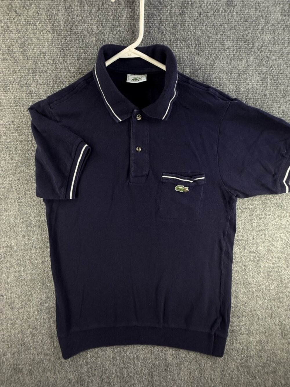 Lacoste Blue Short Sleeve Polo Shirt Croc Logo Cotton Size 3 Pocket White Trim